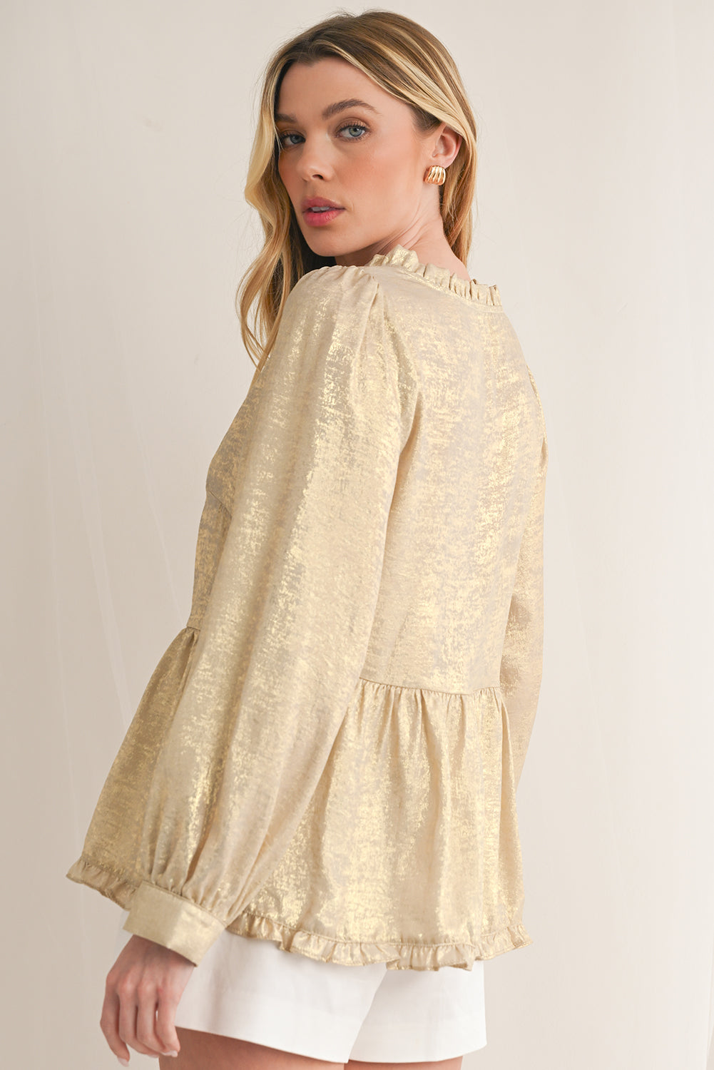 Black Velvet Frill V Neck Puff Sleeve Babydoll Blouse