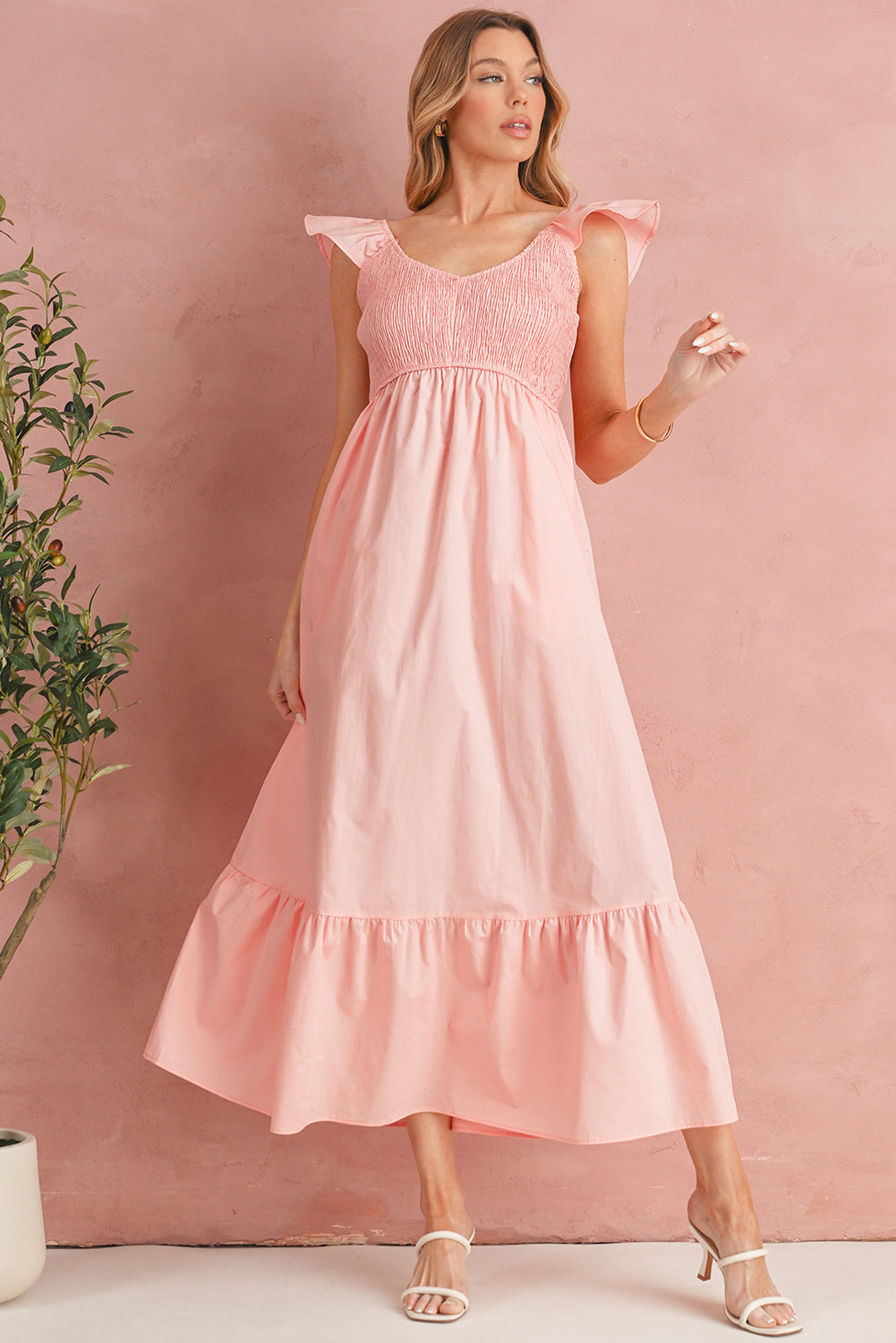 Black V Neck Flutter Sleeve Smocked Bodice High Waist Ruffle Maxi Dress