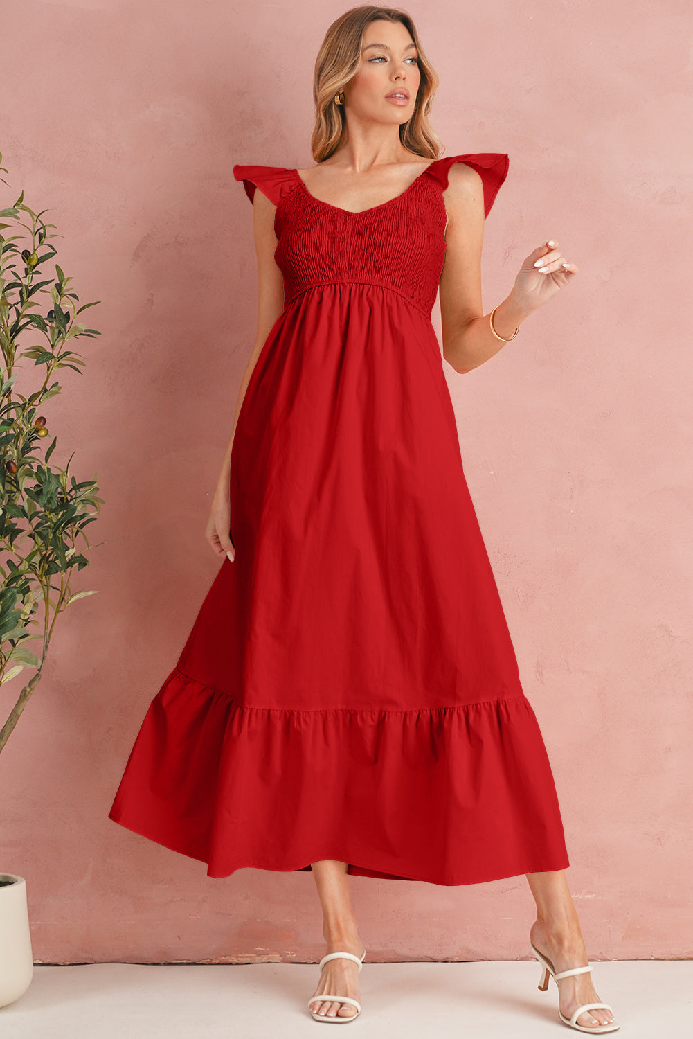 Black V Neck Flutter Sleeve Smocked Bodice High Waist Ruffle Maxi Dress