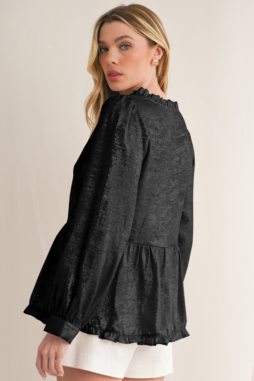 Black Velvet Frill V Neck Puff Sleeve Babydoll Blouse