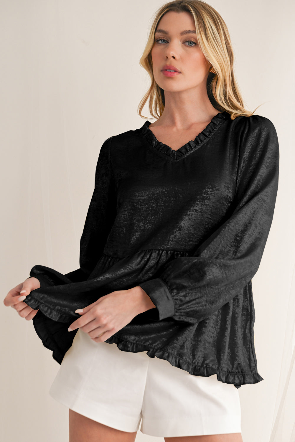 Black Velvet Frill V Neck Puff Sleeve Babydoll Blouse