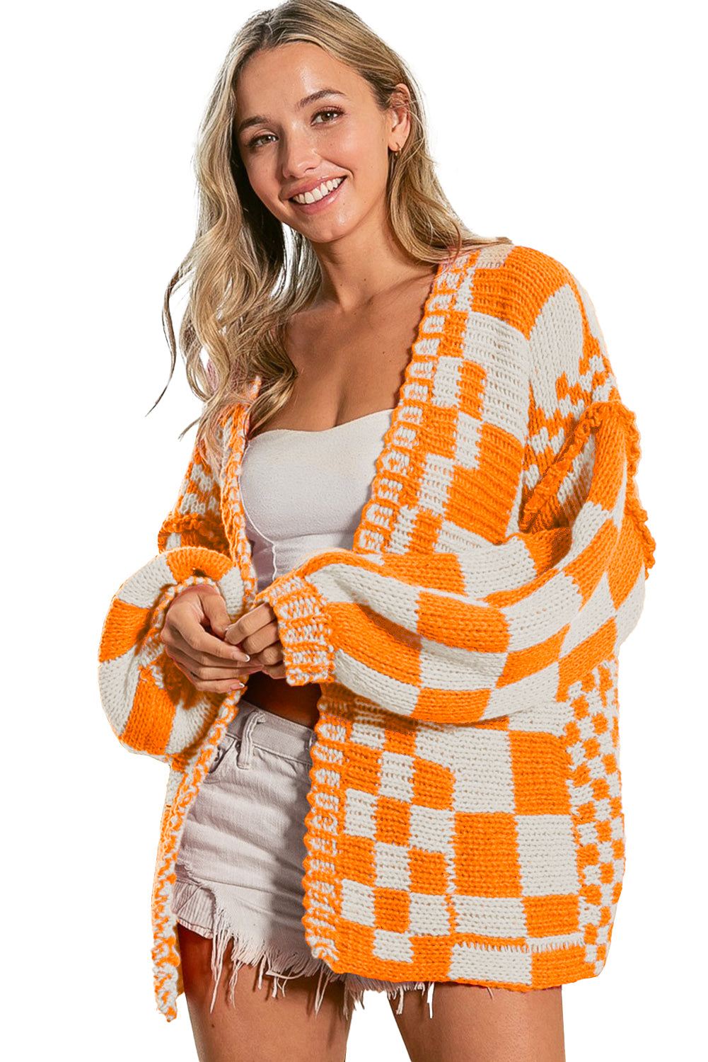 Multicolor Plaid Open Front Knitted Cardigan