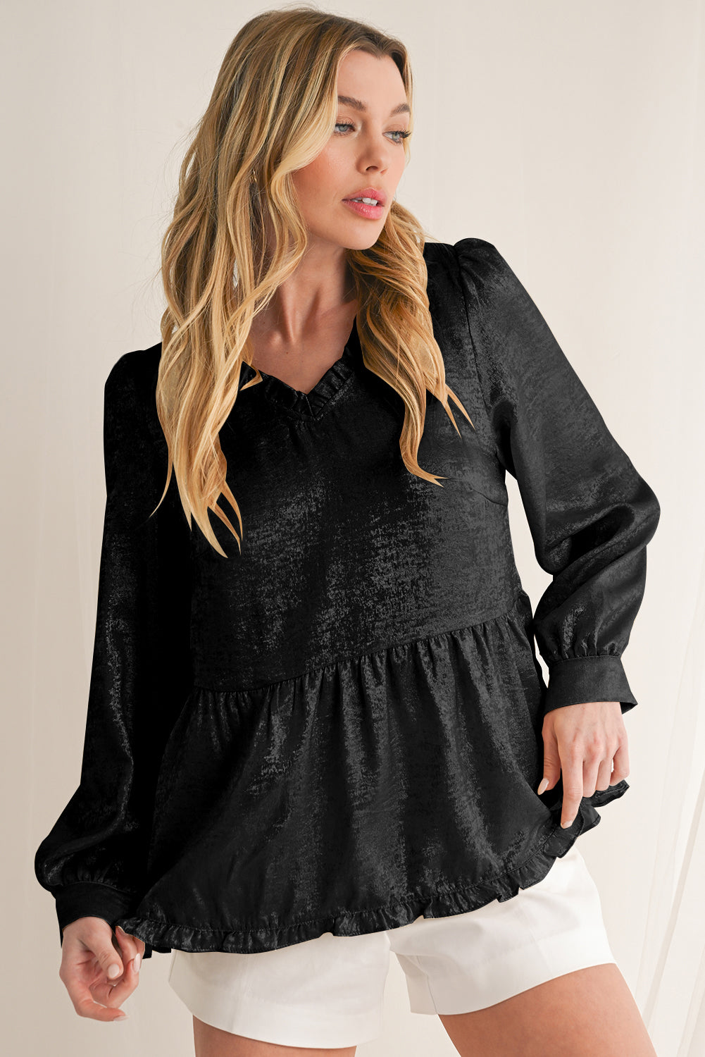 Black Velvet Frill V Neck Puff Sleeve Babydoll Blouse
