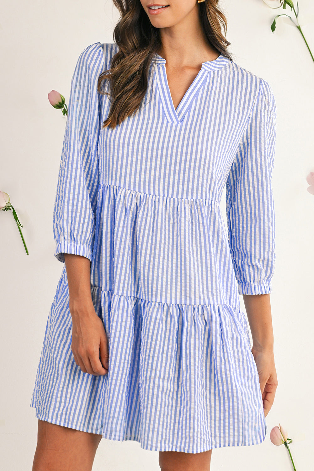 Sky Blue Striped Textured Bracelet Sleeve Tiered Mini Dress