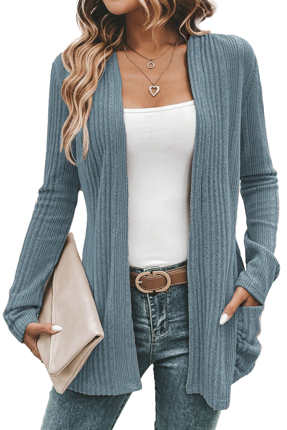 Black Ribbed Open Front Knitted Top with Pockets