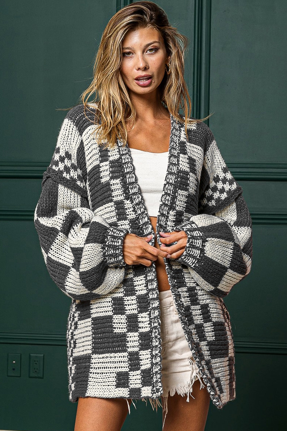 Multicolor Plaid Open Front Knitted Cardigan
