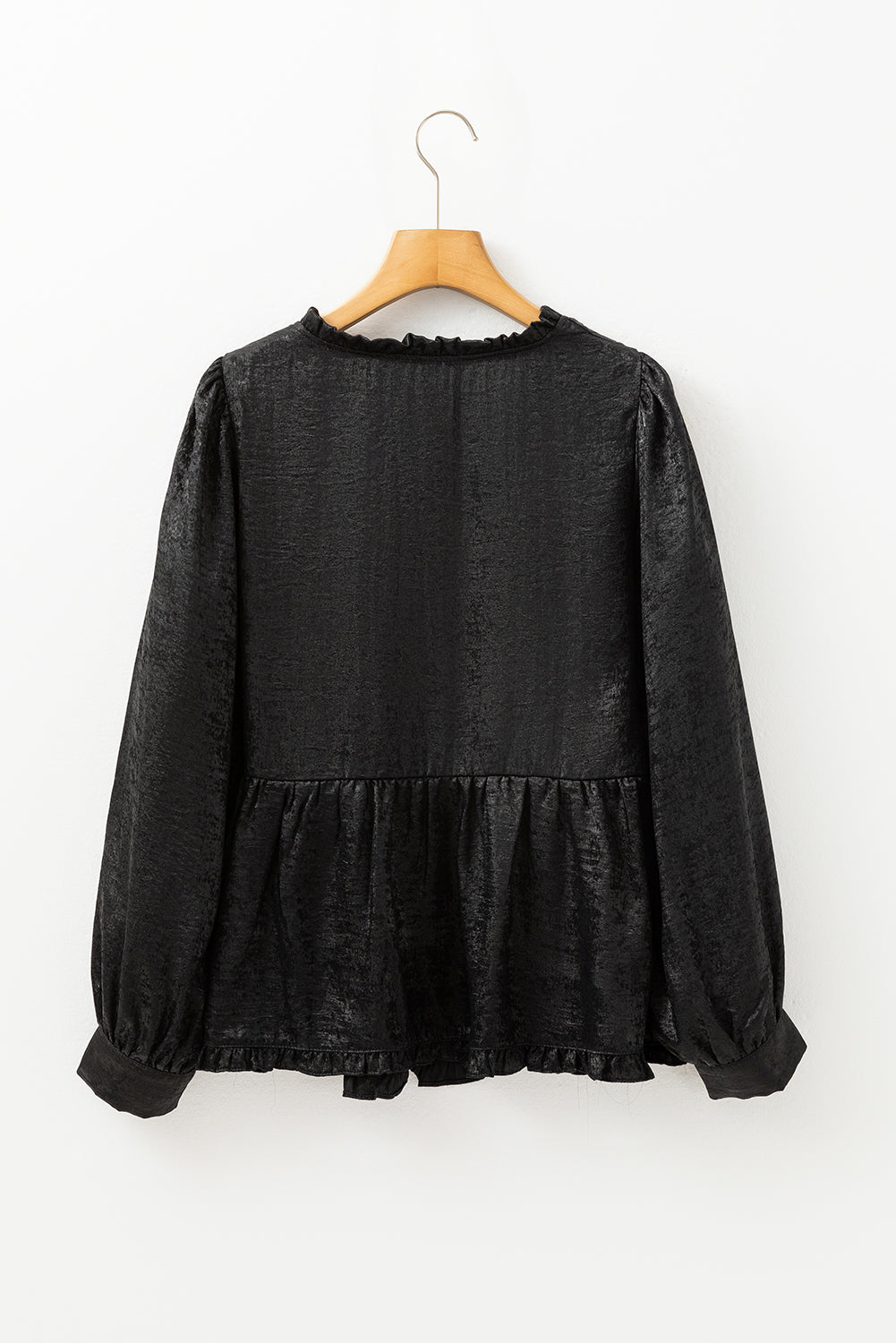 Black Velvet Frill V Neck Puff Sleeve Babydoll Blouse