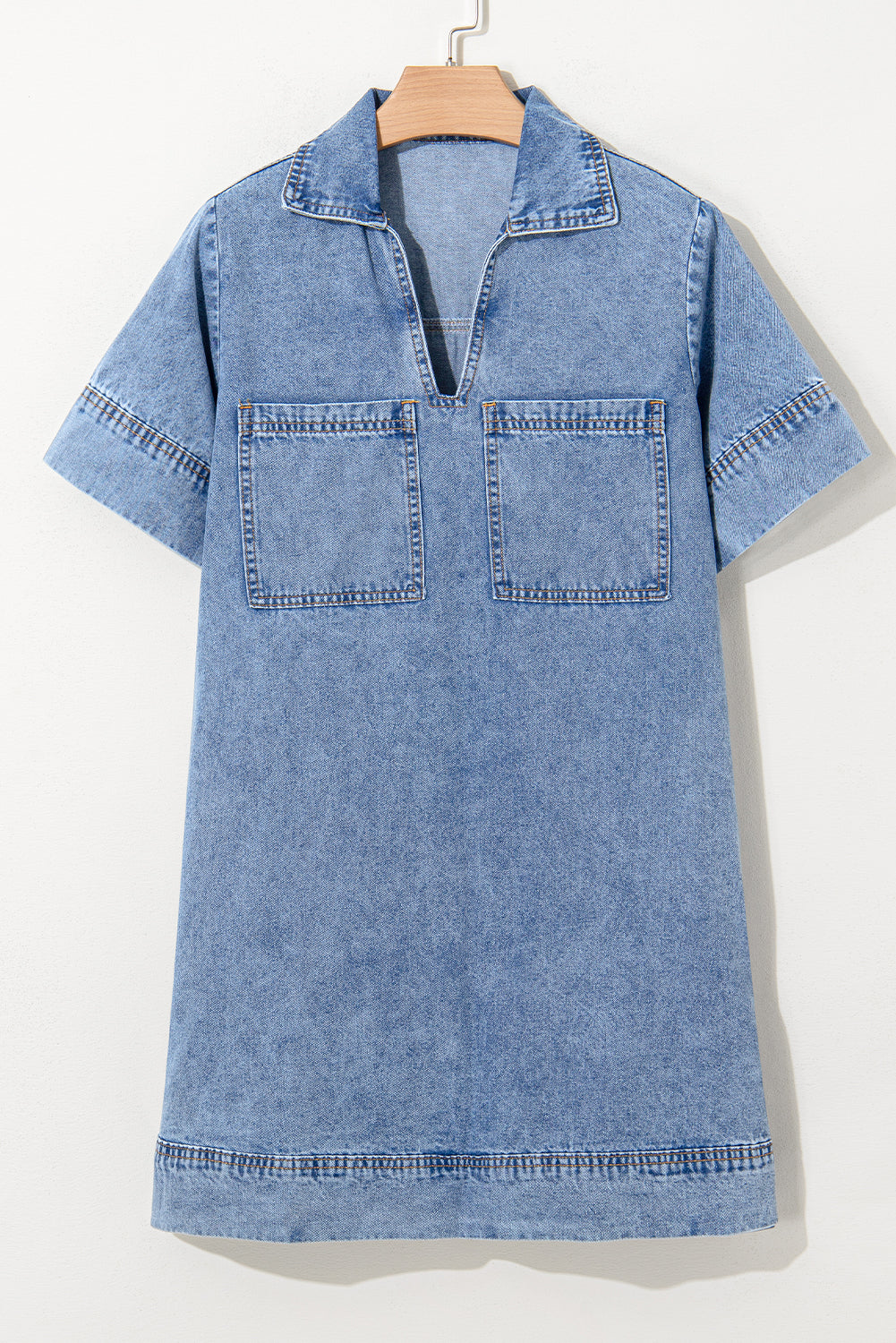 Blue Short Sleeve Collared Chest Pocket Denim Mini Dress