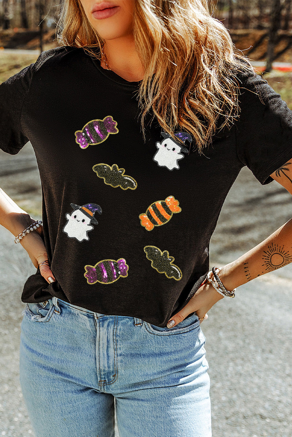 White Sequined Halloween Spirit Pattern Patched Custom Casual Tee