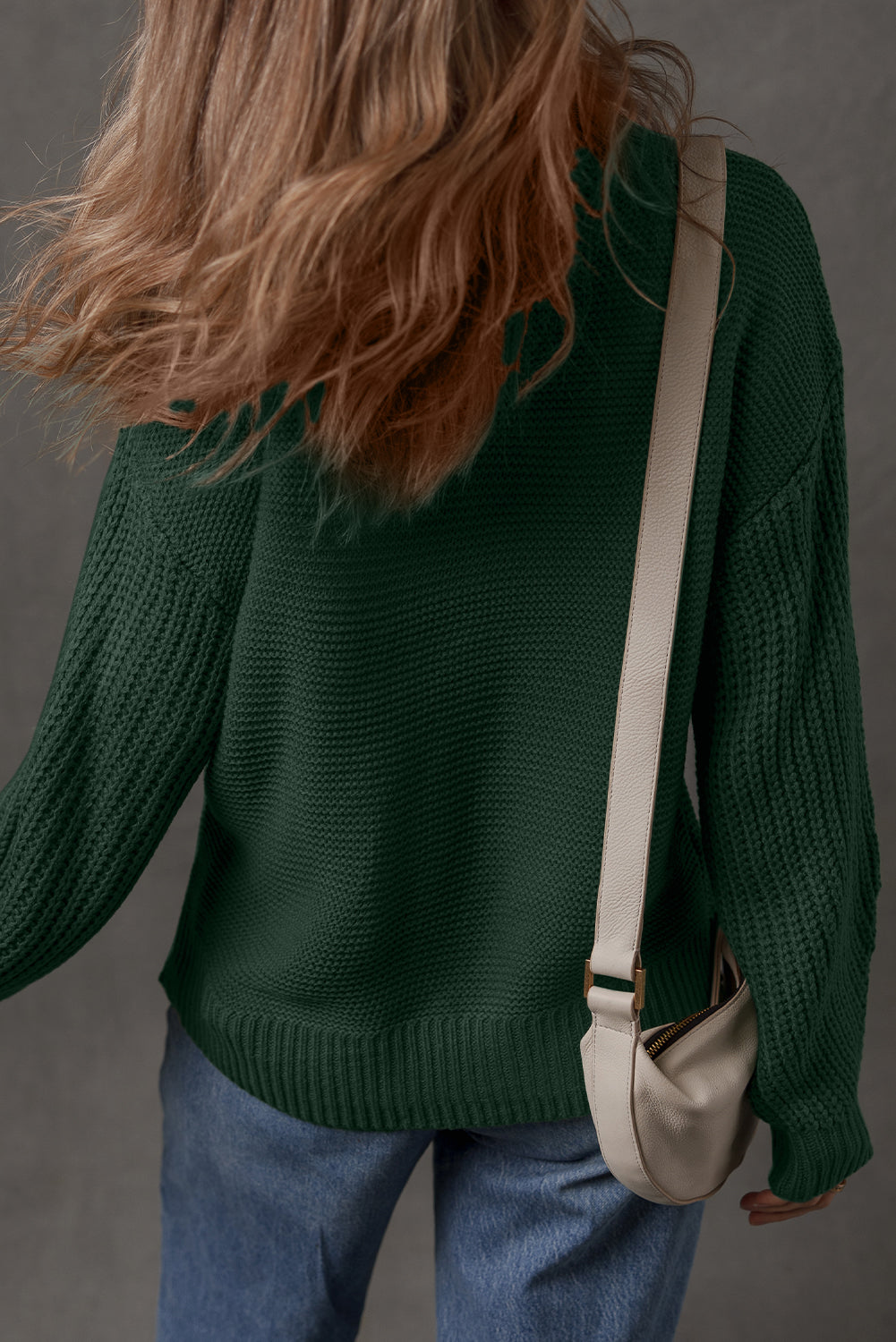 Mist Green Solid Color Front Seam Drop Shoulder Loose Sweater