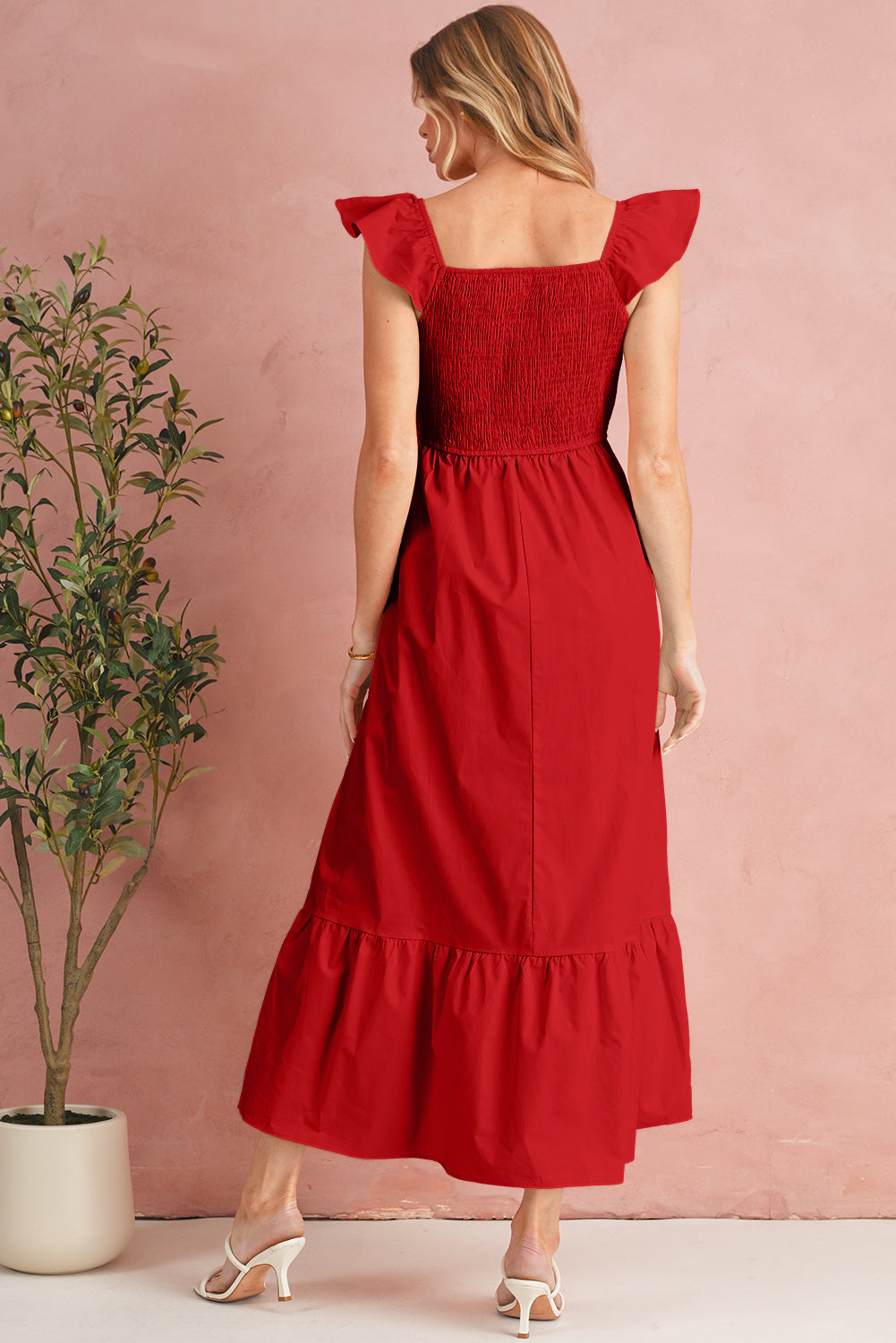 Black V Neck Flutter Sleeve Smocked Bodice High Waist Ruffle Maxi Dress