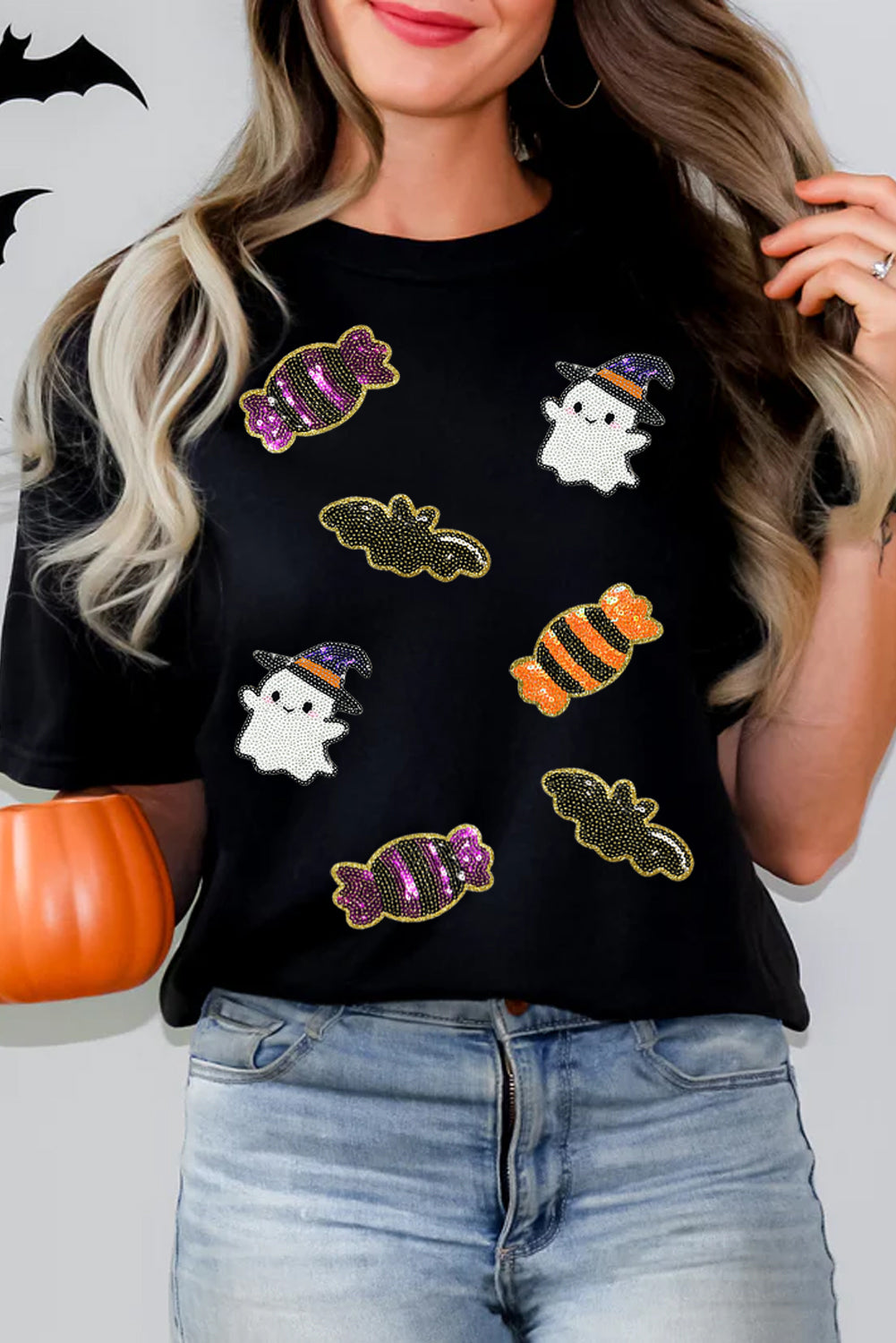 White Sequined Halloween Spirit Pattern Patched Custom Casual Tee