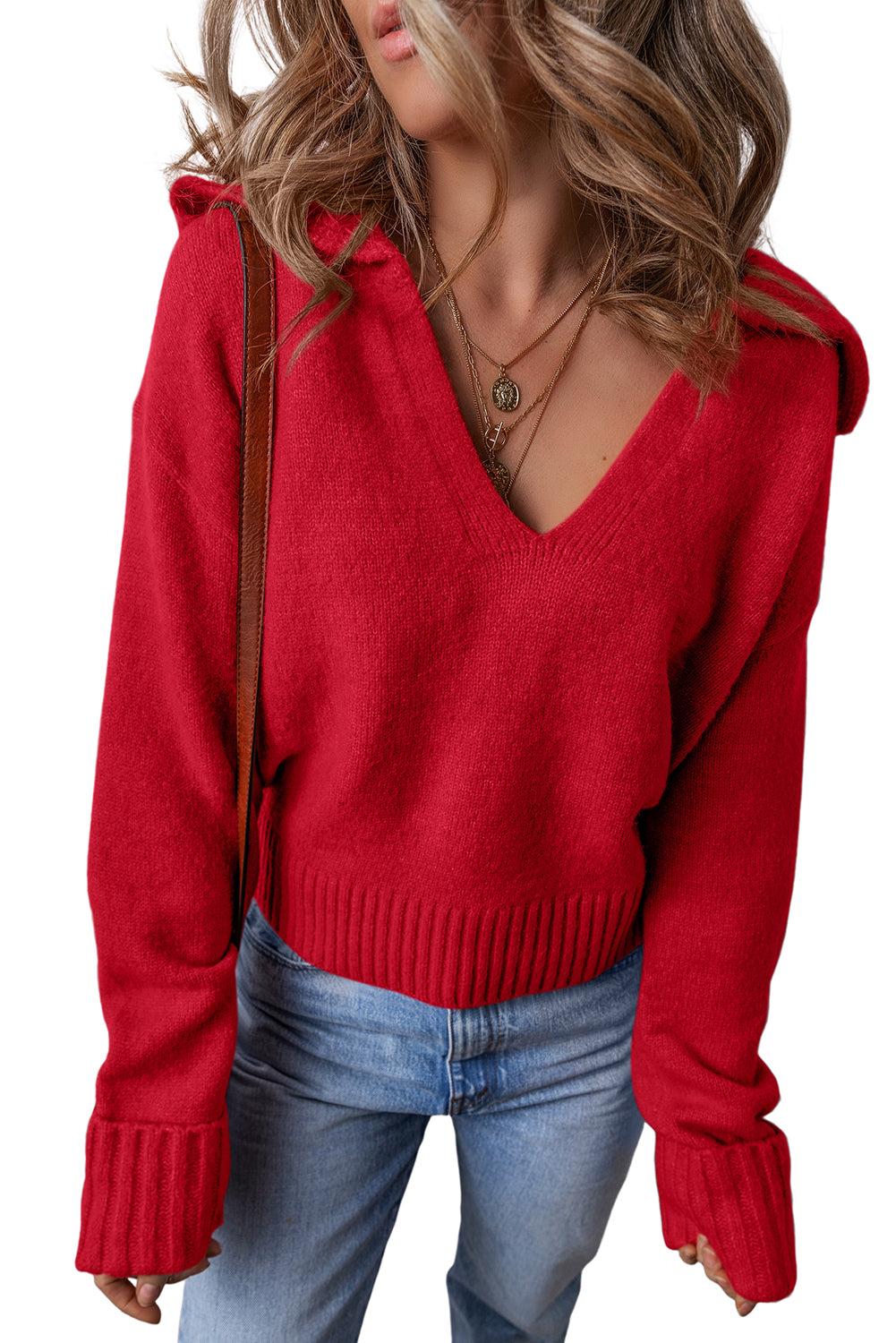 Racing Red Ribbed Edge Collared V Neck Loose Fit Sweater