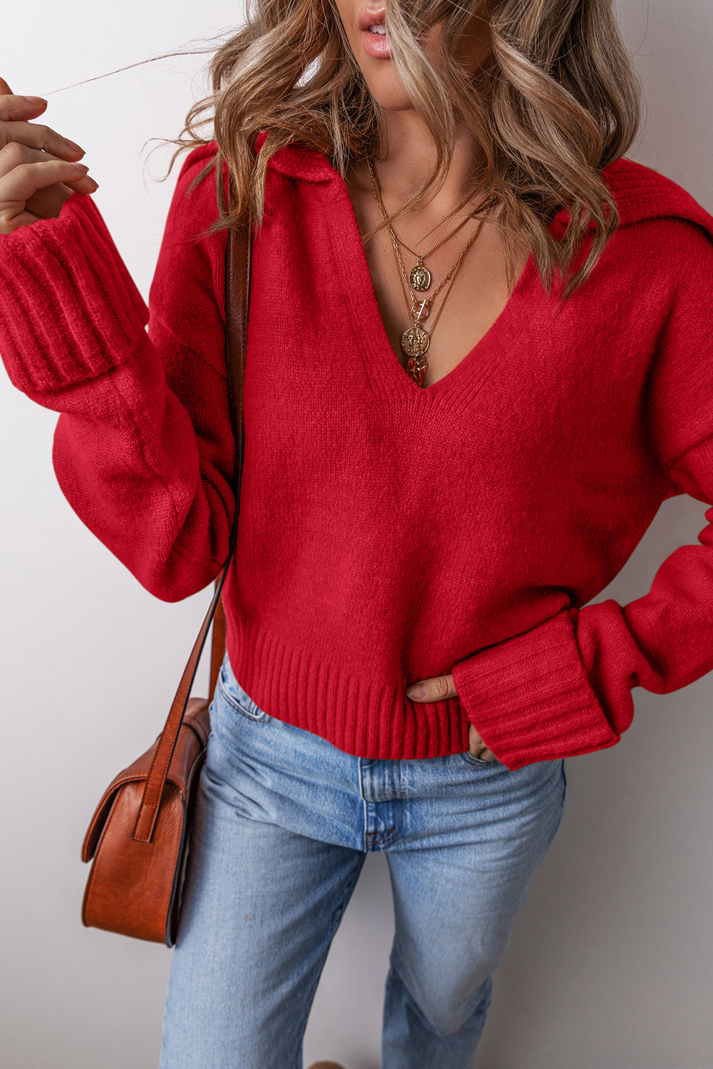Racing Red Ribbed Edge Collared V Neck Loose Fit Sweater