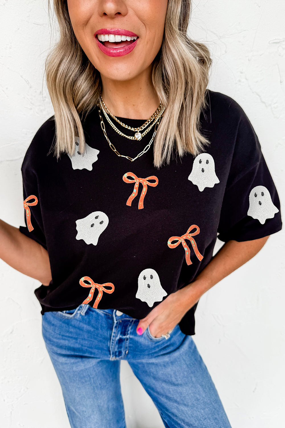 Black Bow Ghost Sequin Patched Halloween Graphic Tee