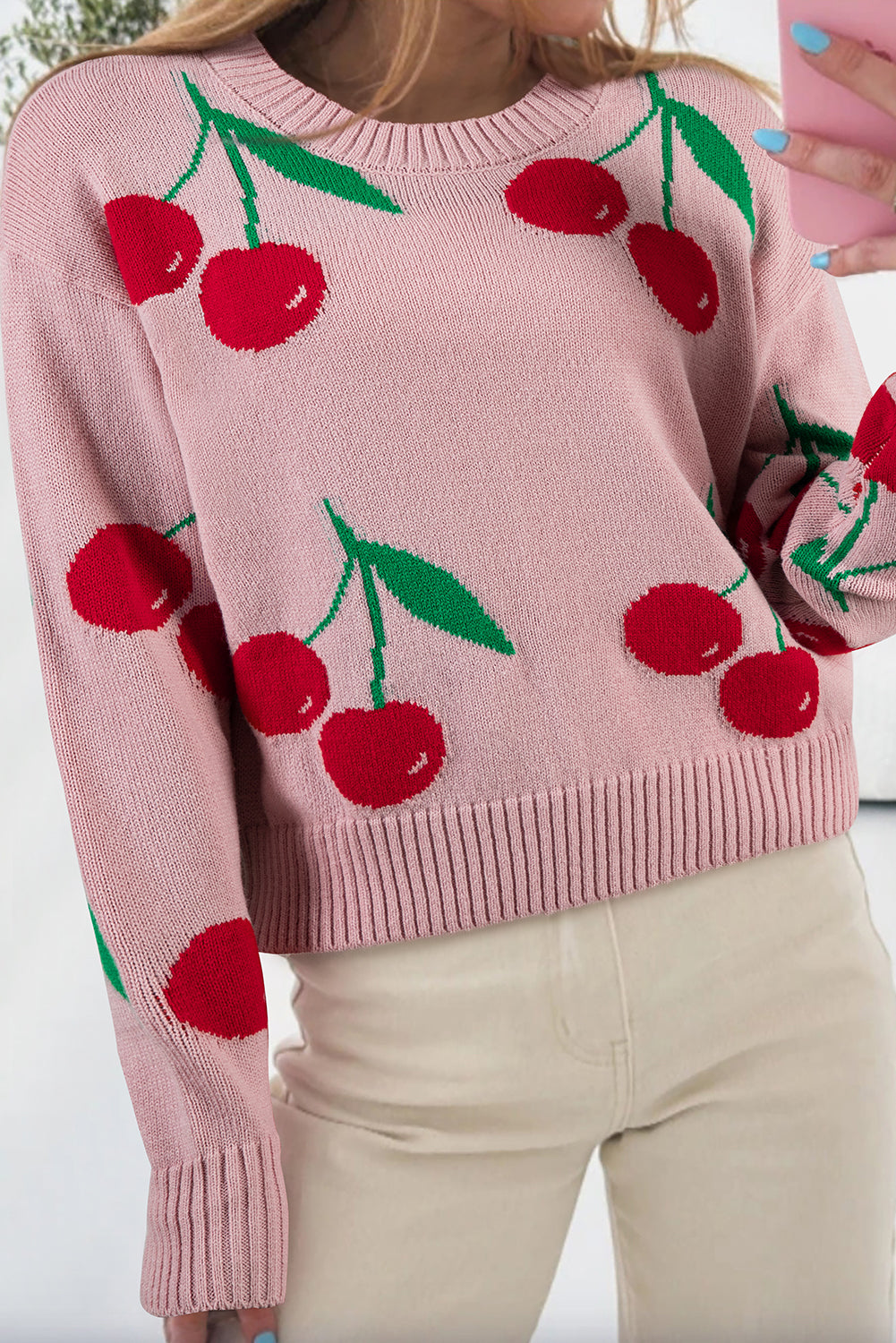 Pink Cherry Print Round Neck Knit Sweater