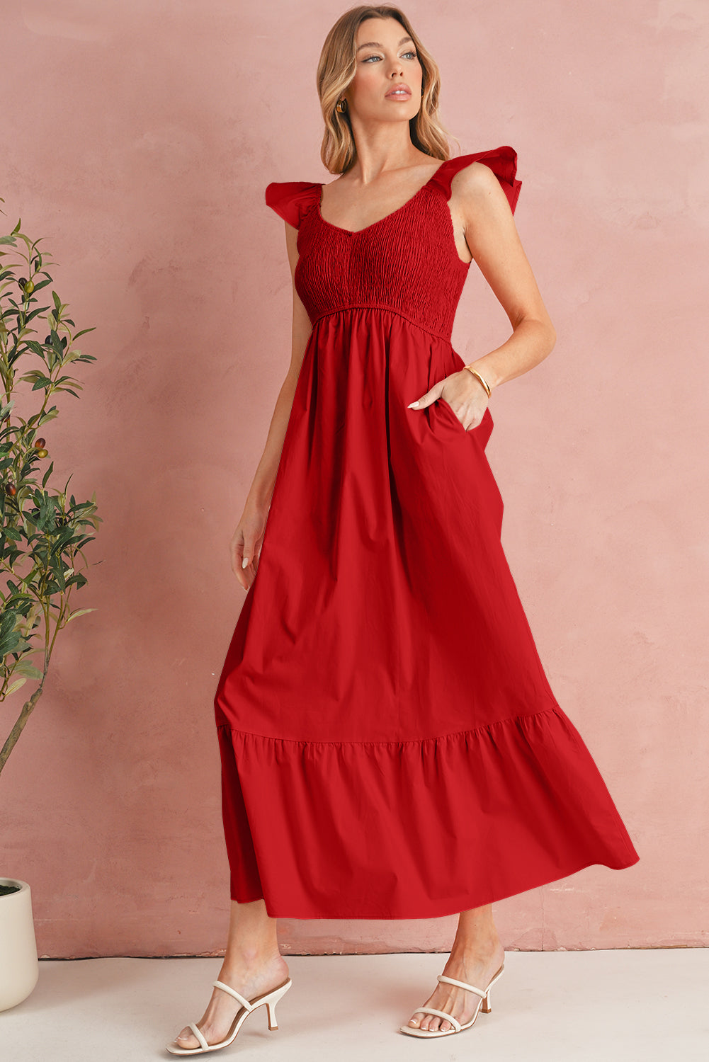Black V Neck Flutter Sleeve Smocked Bodice High Waist Ruffle Maxi Dress