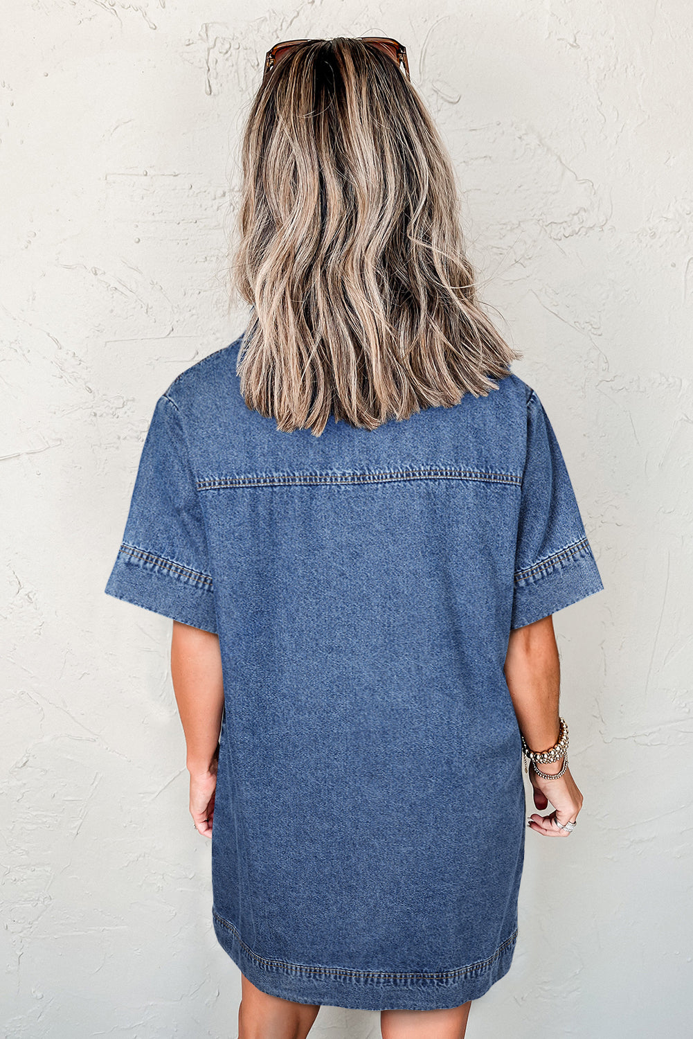 Blue Short Sleeve Collared Chest Pocket Denim Mini Dress