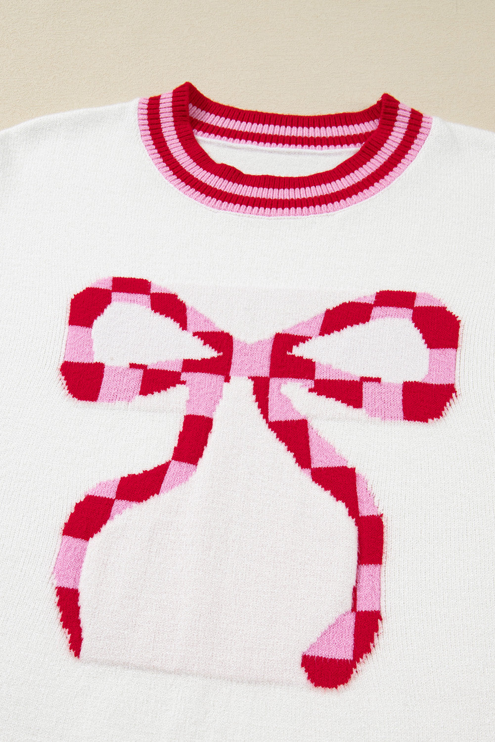 White Bow Pattern Contrast Trim Long Sleeve Sweater