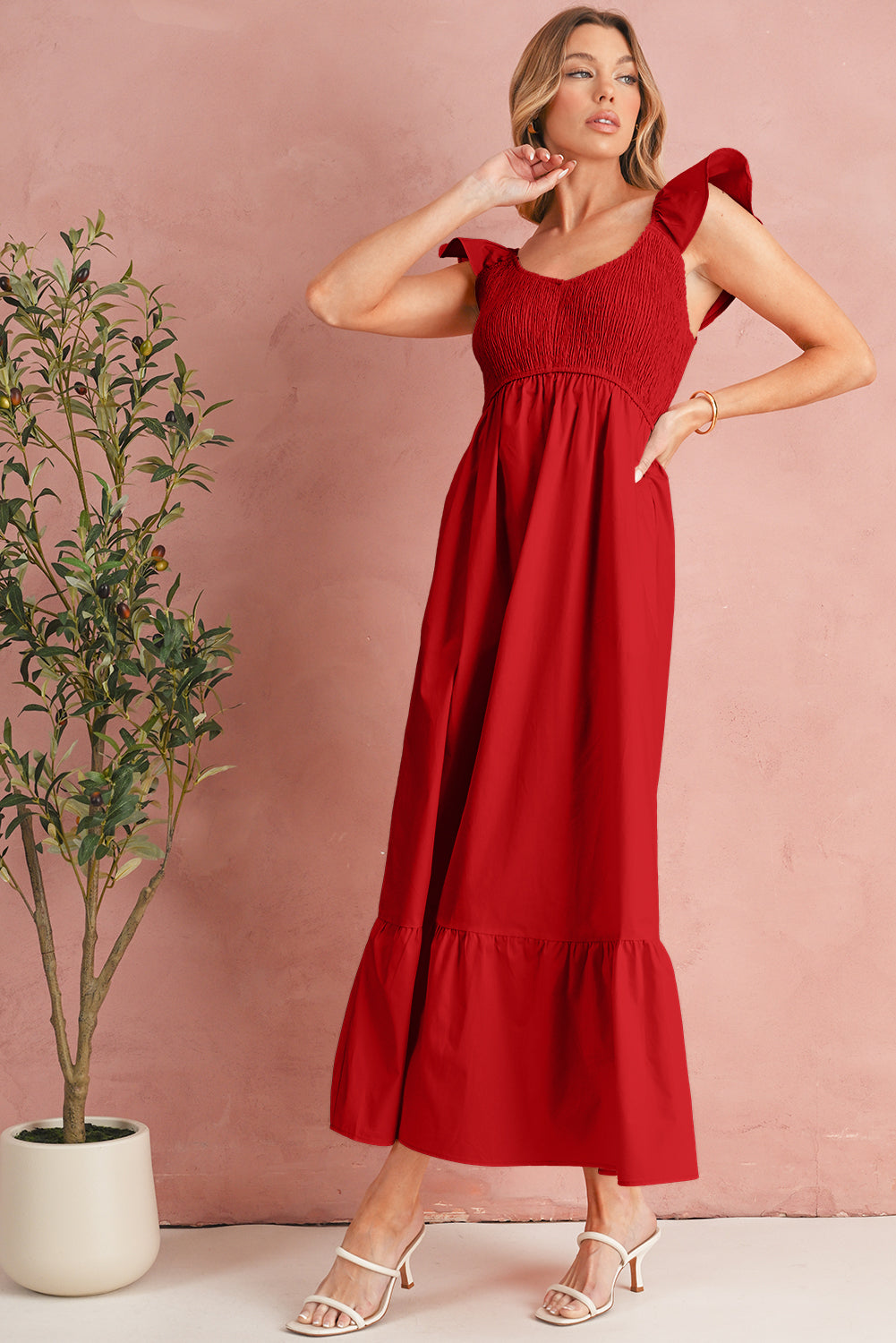 Black V Neck Flutter Sleeve Smocked Bodice High Waist Ruffle Maxi Dress