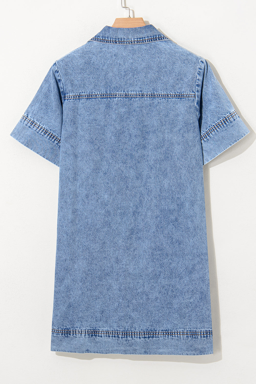 Blue Short Sleeve Collared Chest Pocket Denim Mini Dress