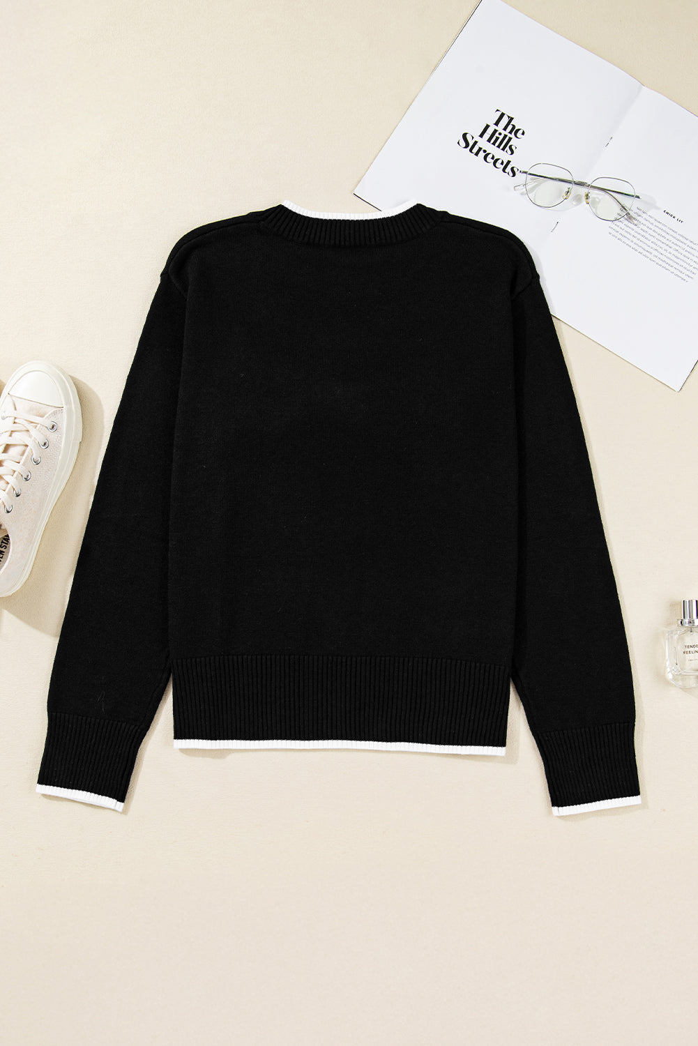 Black Contrast Trim Big Bow Accent Cropped Sweater
