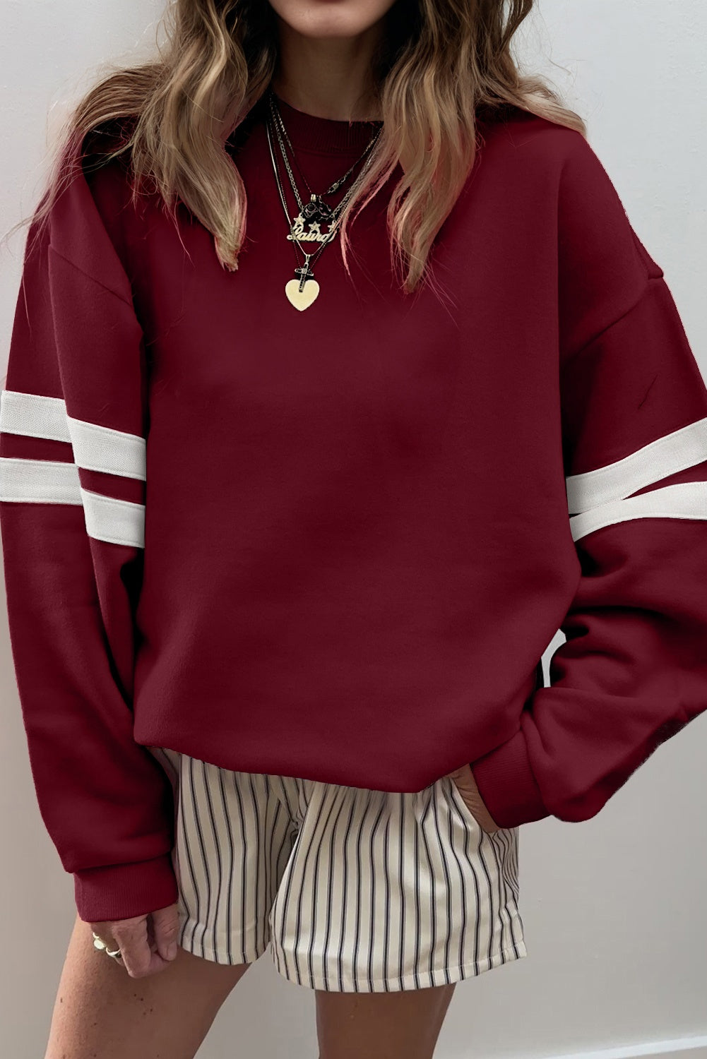 Orange Preppy Striped Sleeve Loose Sweatshirt
