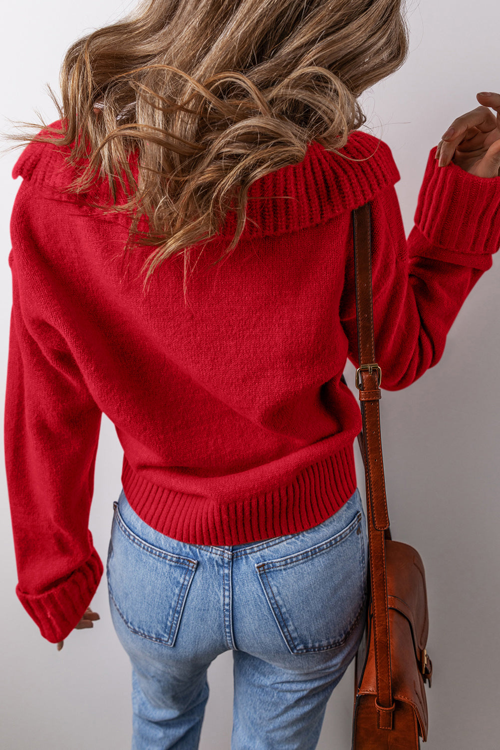 Racing Red Ribbed Edge Collared V Neck Loose Fit Sweater