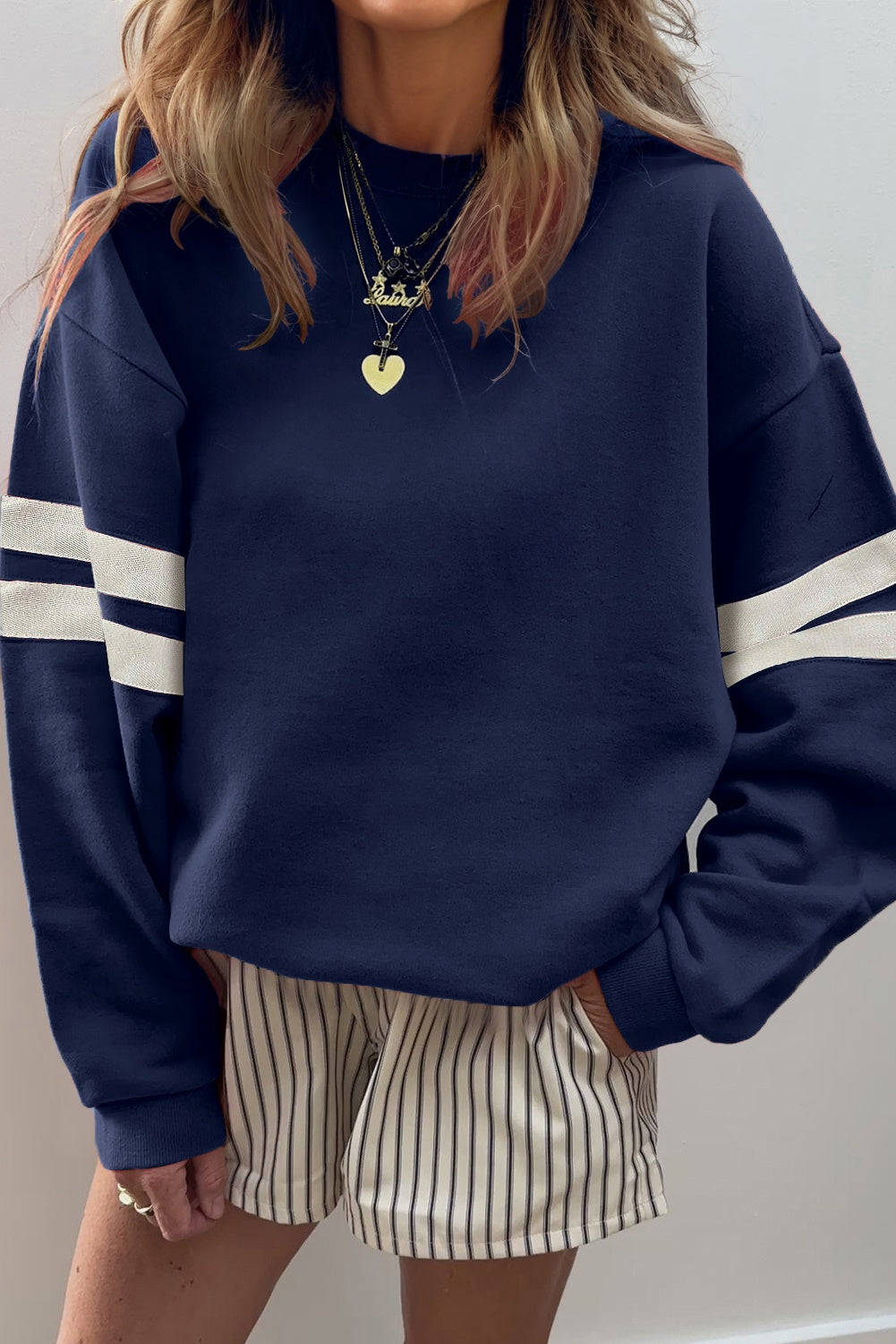 Orange Preppy Striped Sleeve Loose Sweatshirt
