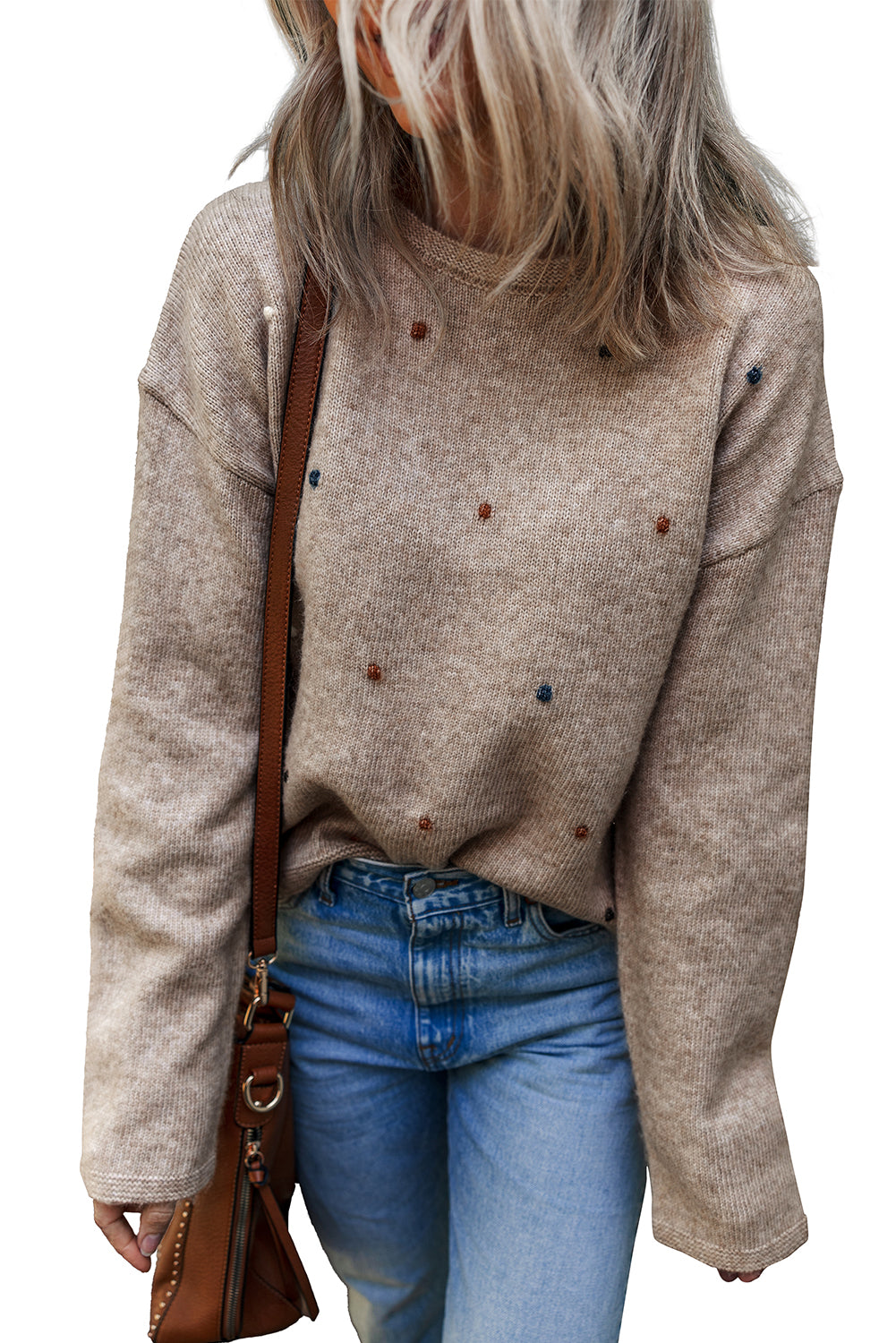 Gray Morn Contrast Colored Dot Detail Drop Shoulder Sweater