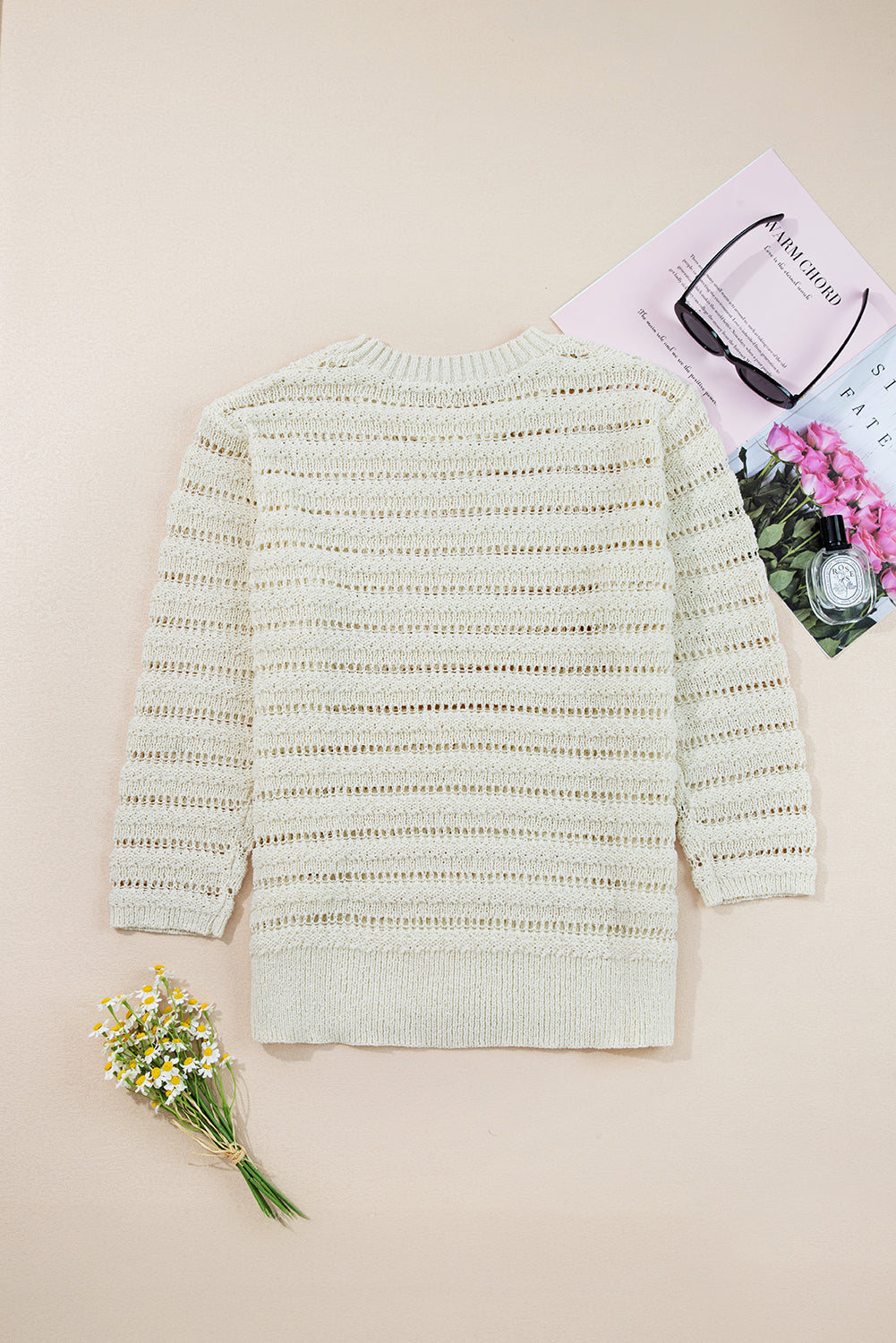 White Hollow Out Knit Round Neck Sweater