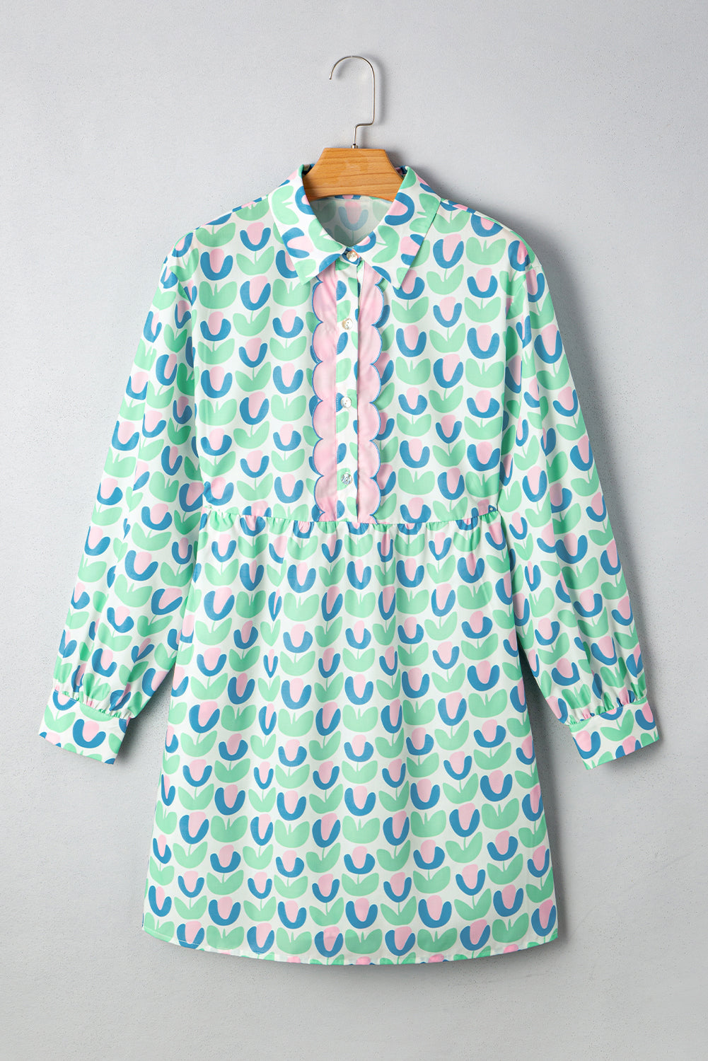 Green Floral Print Scallop Trim Pocket Mini Dress