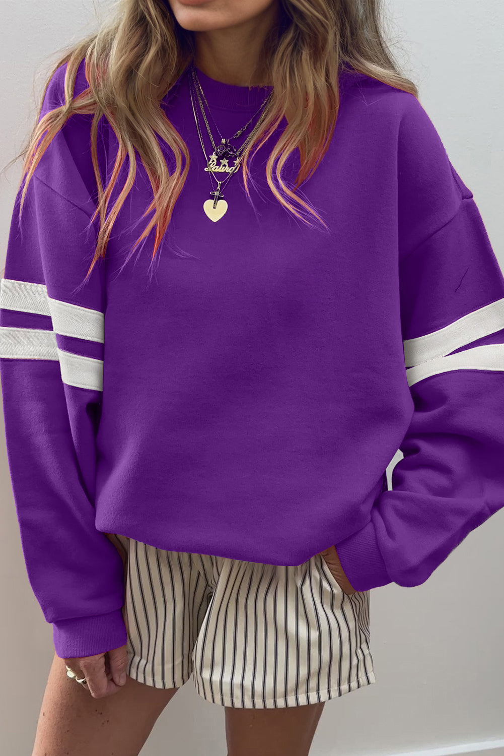 Orange Preppy Striped Sleeve Loose Sweatshirt
