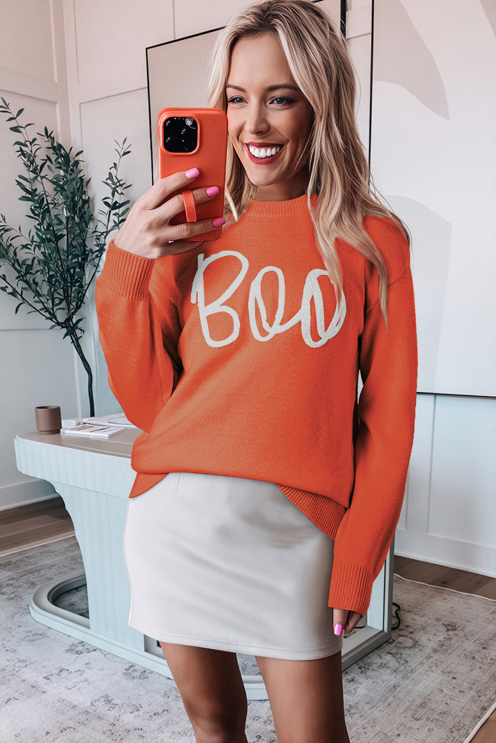 Apricot Halloween Boo Drop Shoulder Knit Sweater