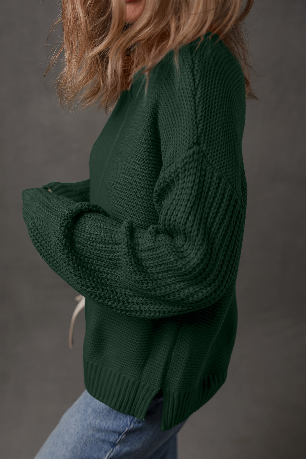 Mist Green Solid Color Front Seam Drop Shoulder Loose Sweater