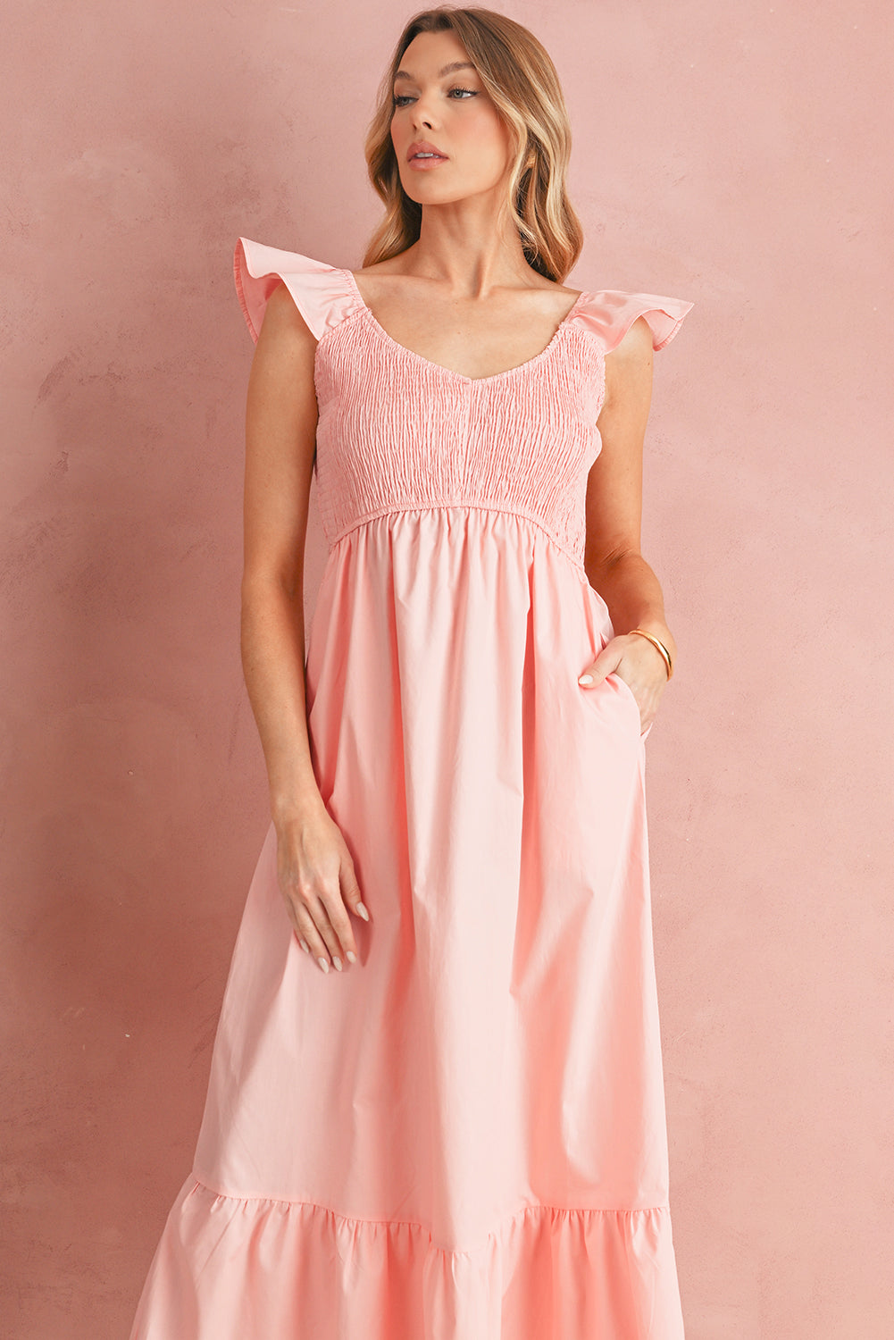 Black V Neck Flutter Sleeve Smocked Bodice High Waist Ruffle Maxi Dress