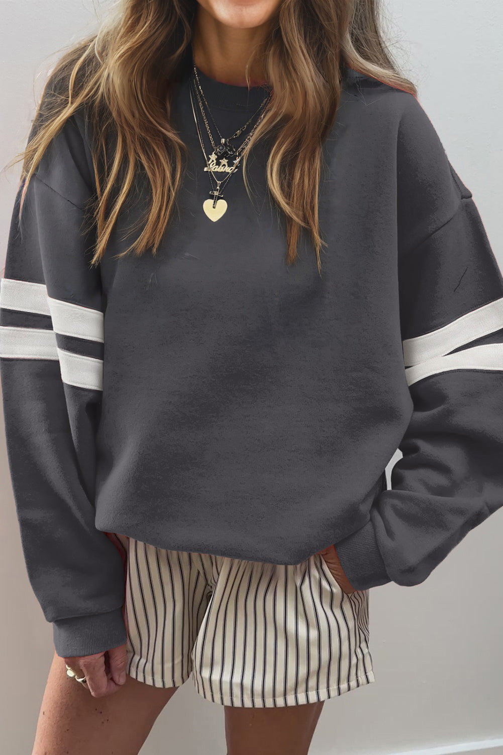 Orange Preppy Striped Sleeve Loose Sweatshirt