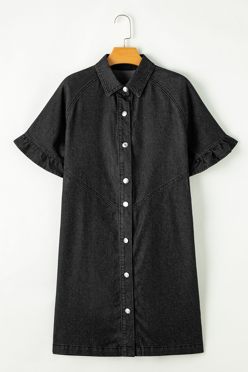 Black Short Sleeve Button Up Loose Denim Shirt Dress