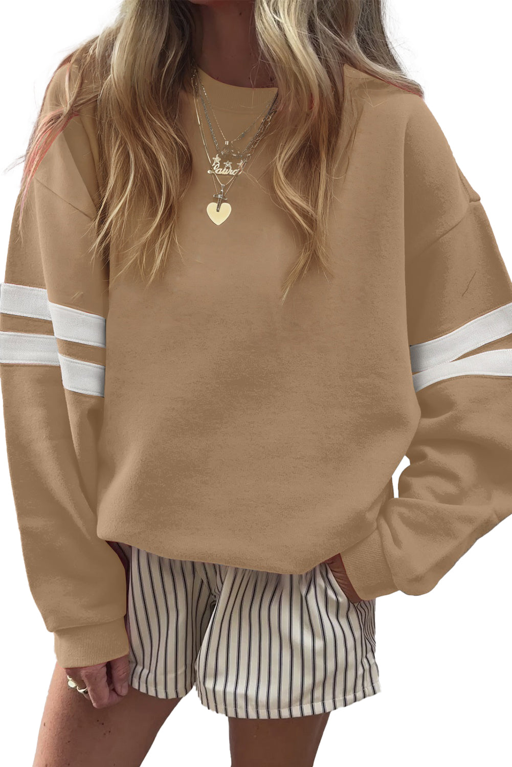 Orange Preppy Striped Sleeve Loose Sweatshirt