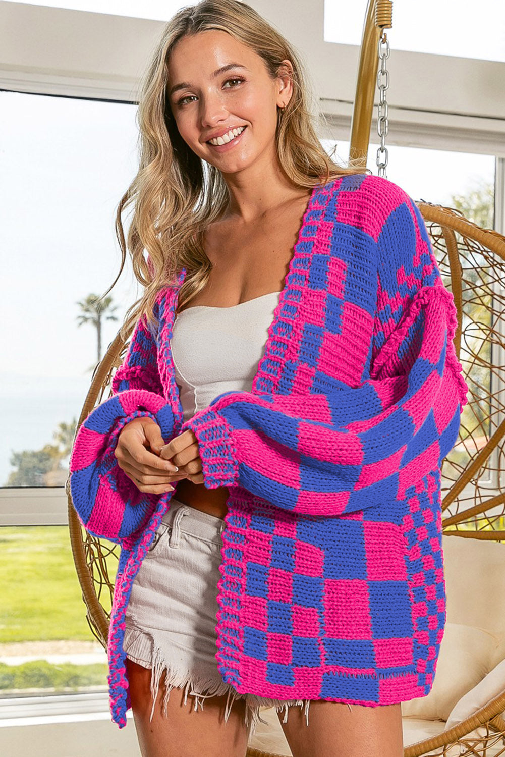 Multicolor Plaid Open Front Knitted Cardigan