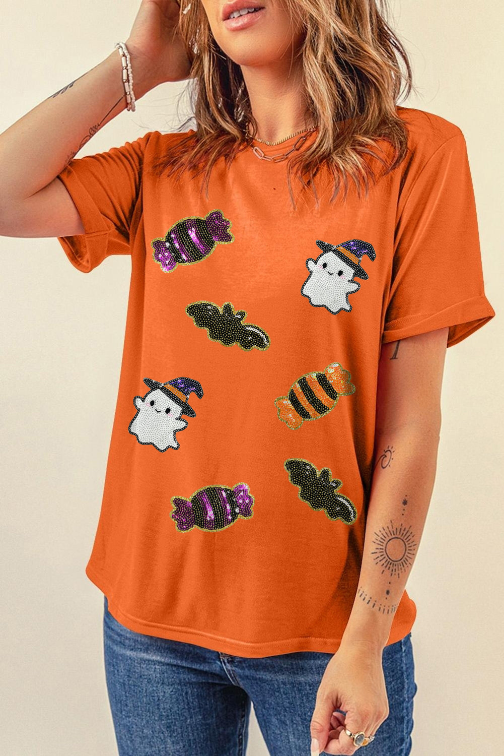 White Sequined Halloween Spirit Pattern Patched Custom Casual Tee