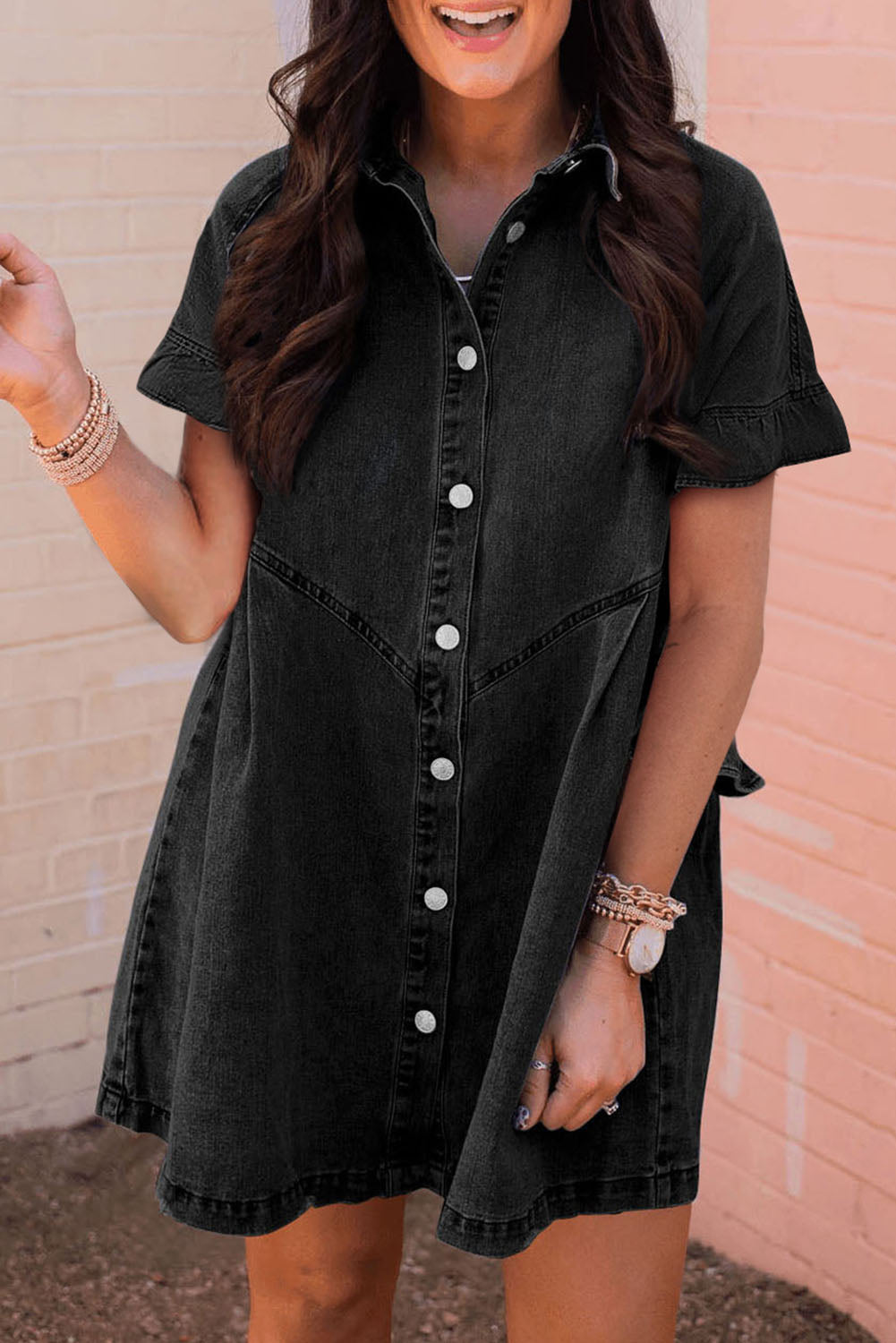 Black Short Sleeve Button Up Loose Denim Shirt Dress