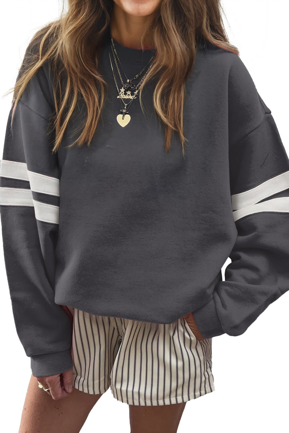 Orange Preppy Striped Sleeve Loose Sweatshirt