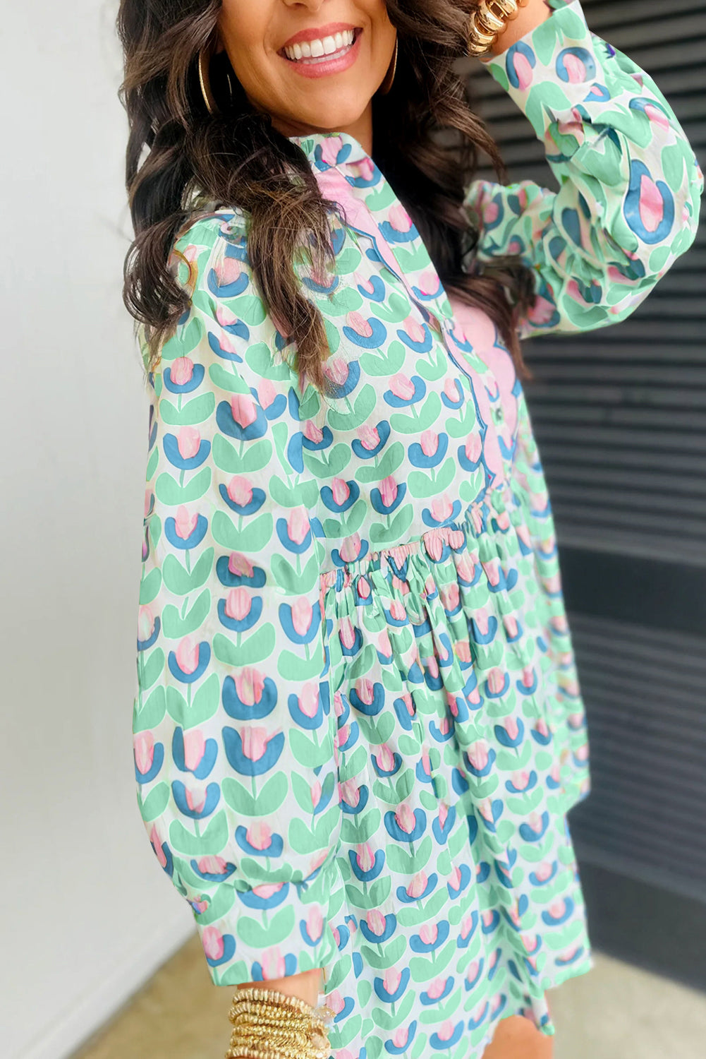 Green Floral Print Scallop Trim Pocket Mini Dress